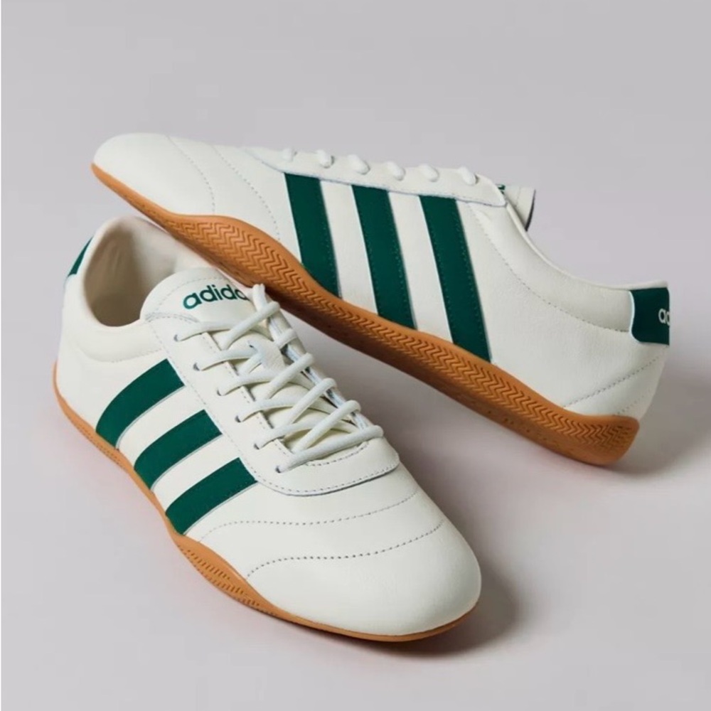 adidas Women’s White Sneakers with Green Stripes and Gum Sole